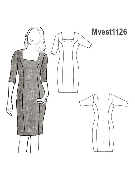 VESTIDO MANGA 3/4 CON CUELLO CUADRADO Y