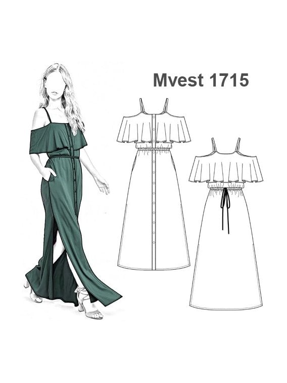 VESTIDO LARGO BARDOT CON VUELOS MUJER