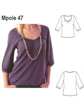 POLERA MANGA RECOGIDA MUJER, ESCOTE CON